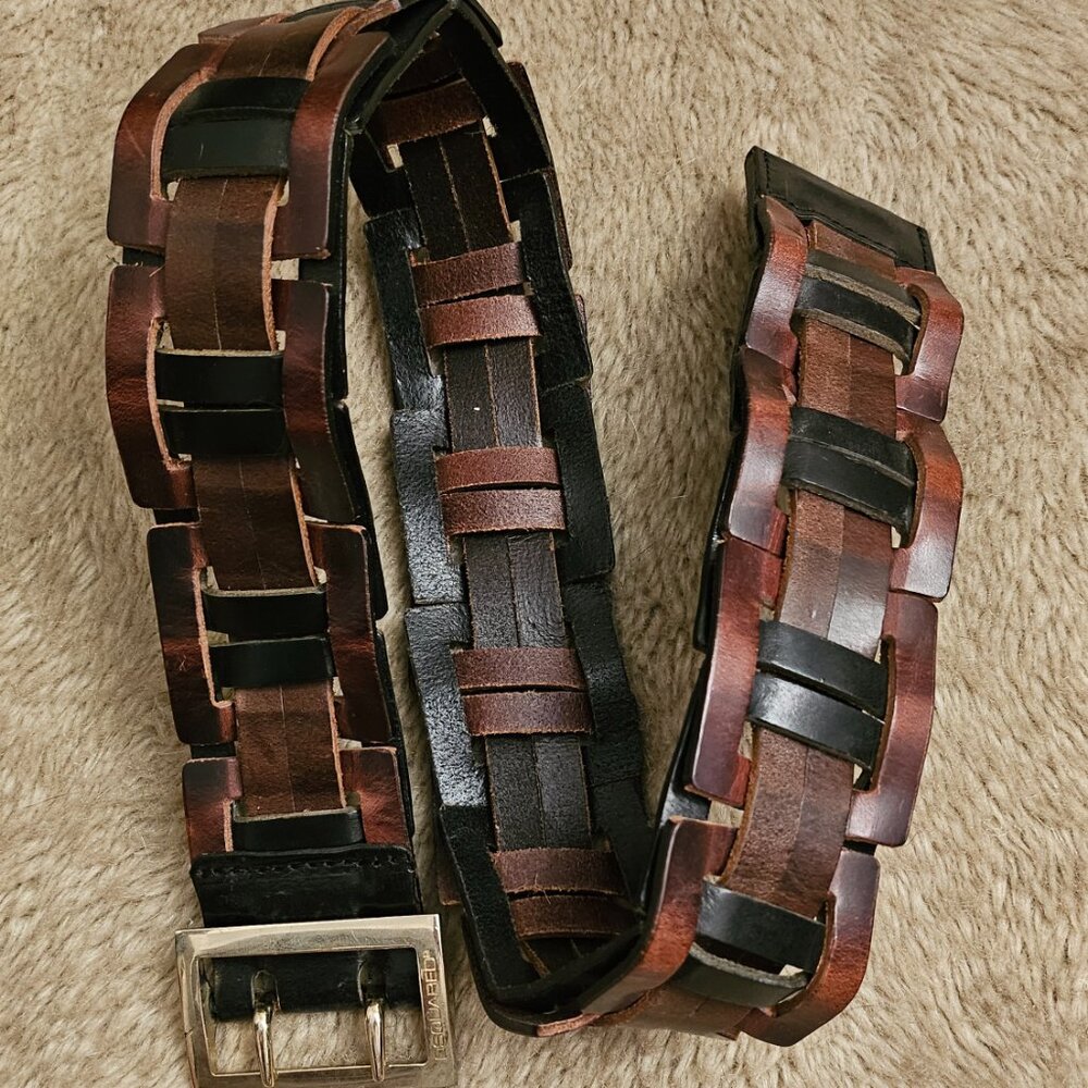 $495 D Squared woven leather double prong brown belt - Picture 6 of 13